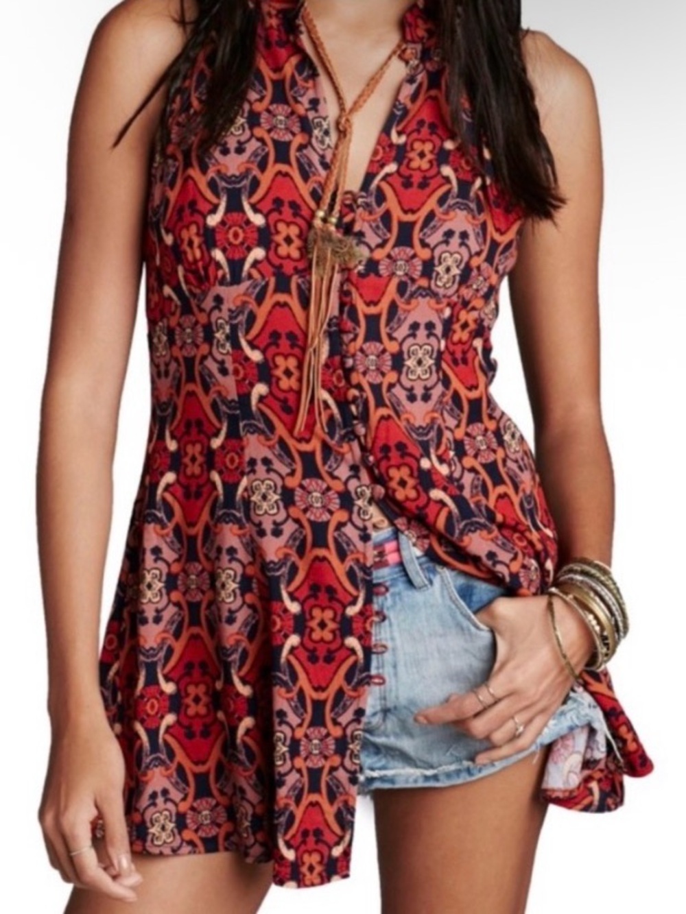 Free People Get Together red and blue button front boho pattern tunic size 10